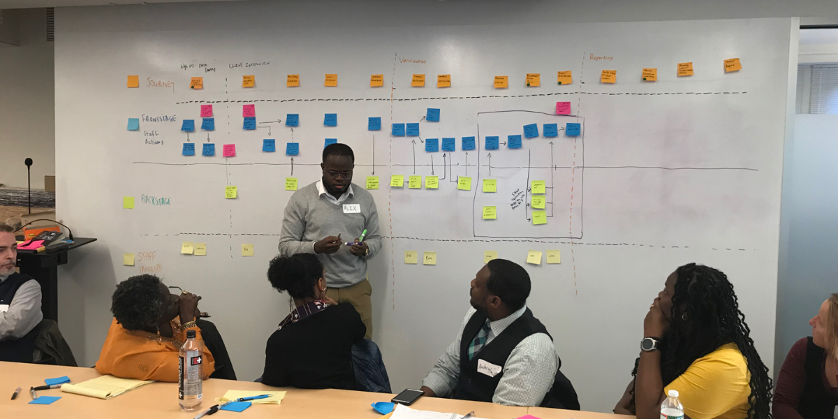 A man stands in front of a whiteboard while people sitting at a table listen closely
